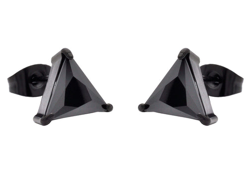 Mens 10mm Cubic Zirconia Black Stainless Steel Triangle Stud Earrings