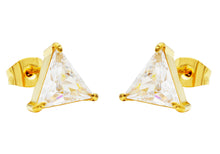 Load image into Gallery viewer, Mens 10mm Cubic Zirconia Gold Plated Stainless Steel Triangle Stud Earrings
