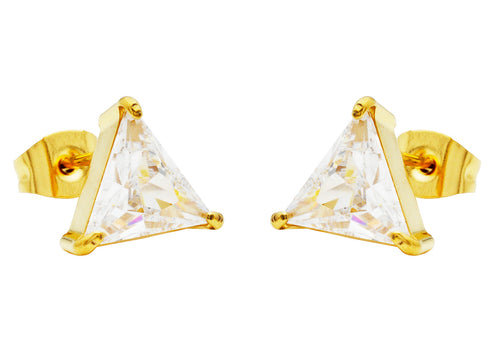 Mens 10mm Cubic Zirconia Gold Plated Stainless Steel Triangle Stud Earrings