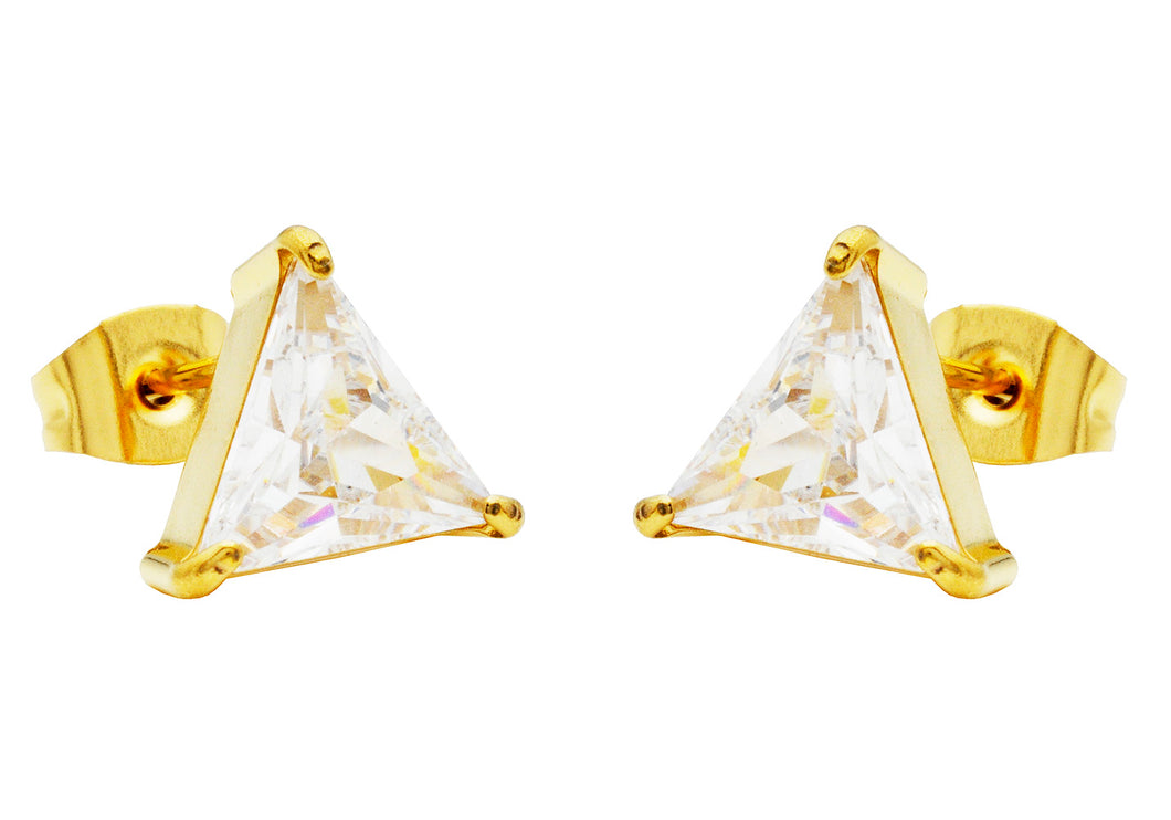 Mens 10mm Cubic Zirconia Gold Plated Stainless Steel Triangle Stud Earrings