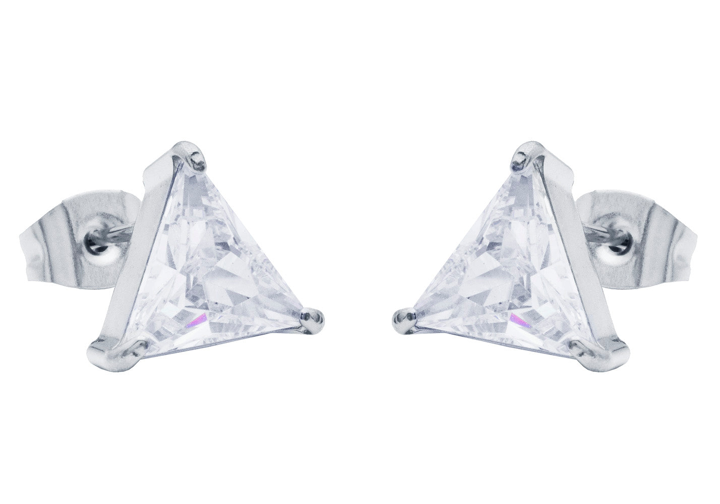 Mens 10mm Cubic Zirconia Stainless Steel Triangle Stud Earrings