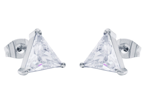 Mens 10mm Cubic Zirconia Stainless Steel Triangle Stud Earrings