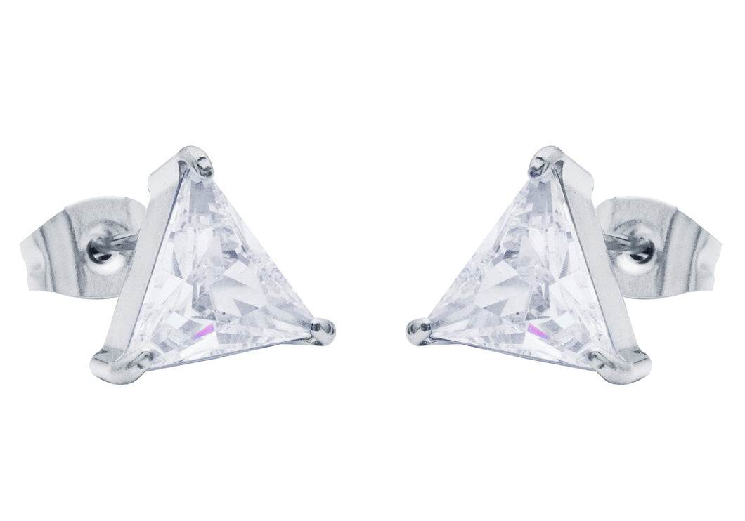 Mens 10mm Cubic Zirconia Stainless Steel Triangle Stud Earrings