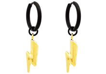 Load image into Gallery viewer, Mens Two-Toned Gold and Black Stainless Hoop Earrings With Thunder Bolts
