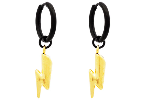 Mens Two-Toned Gold and Black Stainless Hoop Earrings With Thunder Bolts