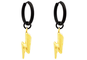 Mens Two-Toned Gold and Black Stainless Hoop Earrings With Thunder Bolts