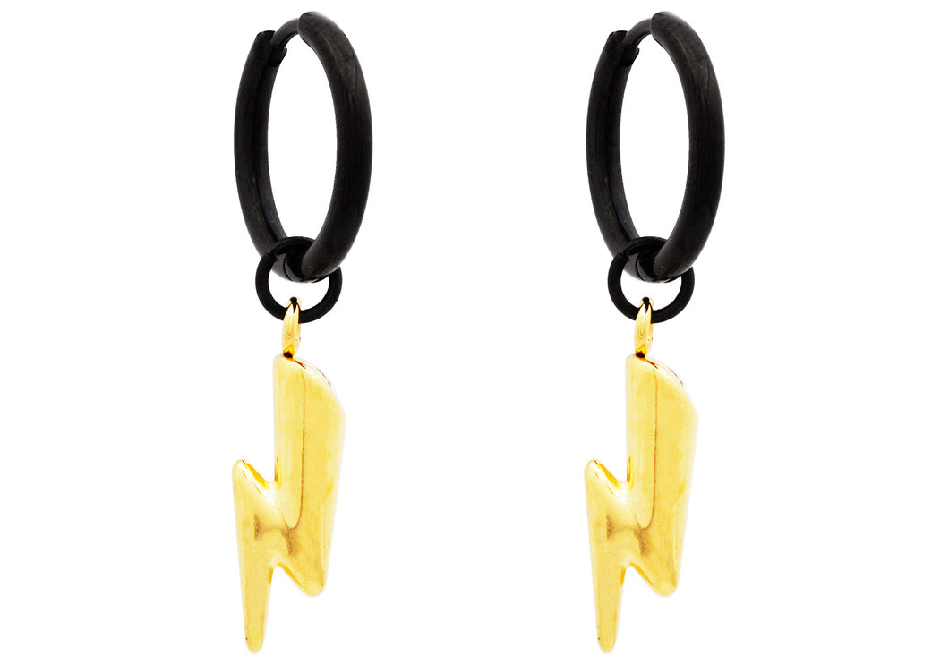 Mens Two-Toned Gold and Black Stainless Hoop Earrings With Thunder Bolts