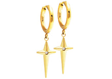 Load image into Gallery viewer, Mens Gold Plated Stainless Hoop Earrings With Hanging cross and a Cubic Zirconia
