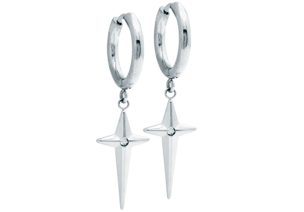 Mens Stainless Hoop Earrings With Hanging cross and a Cubic Zirconia