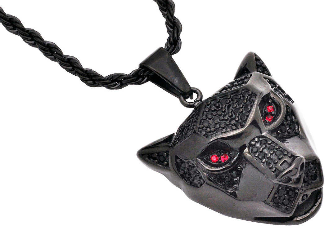 Mens Black Stainless Steel Panther Head Pendant With Cubic Zirconia