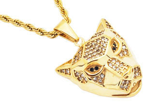 Mens Gold Plated Stainless Steel Panther Head Pendant With Cubic Zirconia