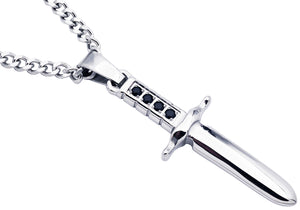 Mens Stainless Steel Dagger Pendant With Black Cubic Zirconia