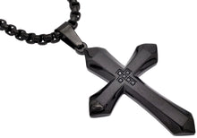 Load image into Gallery viewer, Mens Black Plated Stainless Steel Cross Pendant Necklace With Black Cubic Zirconia with 24&quot; Round Box Chain
