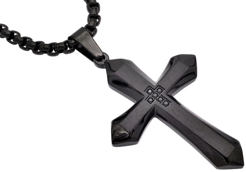 Mens Black Plated Stainless Steel Cross Pendant Necklace With Black Cubic Zirconia with 24