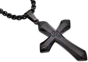 Mens Black Plated Stainless Steel Cross Pendant Necklace With Black Cubic Zirconia with 24" Round Box Chain