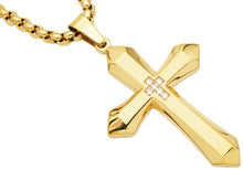 Load image into Gallery viewer, Mens Gold Plated Stainless Steel Cross Pendant Necklace With Cubic Zirconia with 24&quot; Round Box Chain
