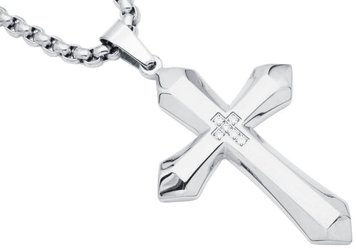 Mens Stainless Steel Cross Pendant Necklace With Cubic Zirconia with 24