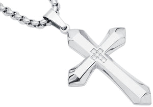 Mens Stainless Steel Cross Pendant Necklace With Cubic Zirconia with 24" Round Box Chain