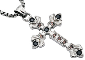 Men's Stainless Steel Cross Pendant Necklace With Champagne And Black Cubic Zirconia