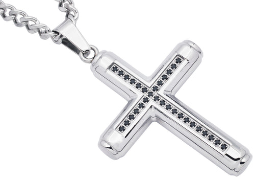 Mens Stainless Steel Cross Pendant Necklace With Black Cubic Zirconia with 24