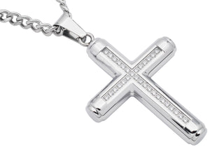 Mens Stainless Steel Cross Pendant Necklace With Cubic Zirconia with 24" Curb Box Chain