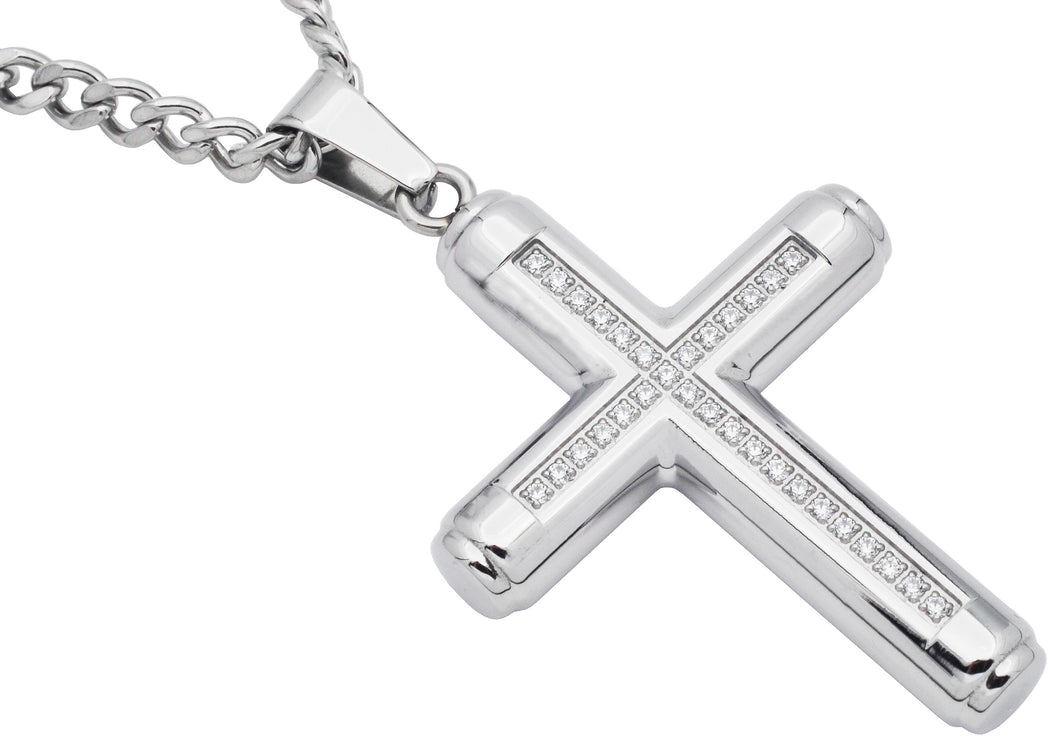 Mens Stainless Steel Cross Pendant Necklace With Cubic Zirconia with 24