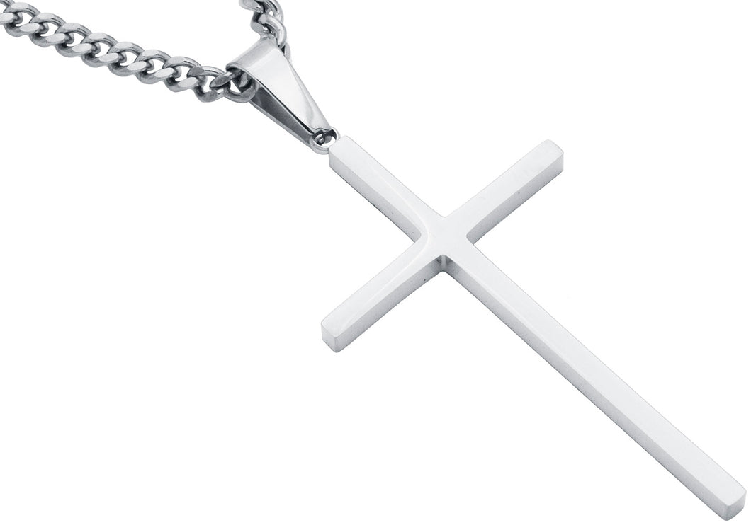 Mens 2mm Stainless Steel Cross Pendant With 24