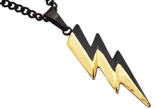 Load image into Gallery viewer, Mens Two-Tone Black and Gold Plated Stainless Steel Thunderbolt Pendant with 24&quot; Black Curb Chain
