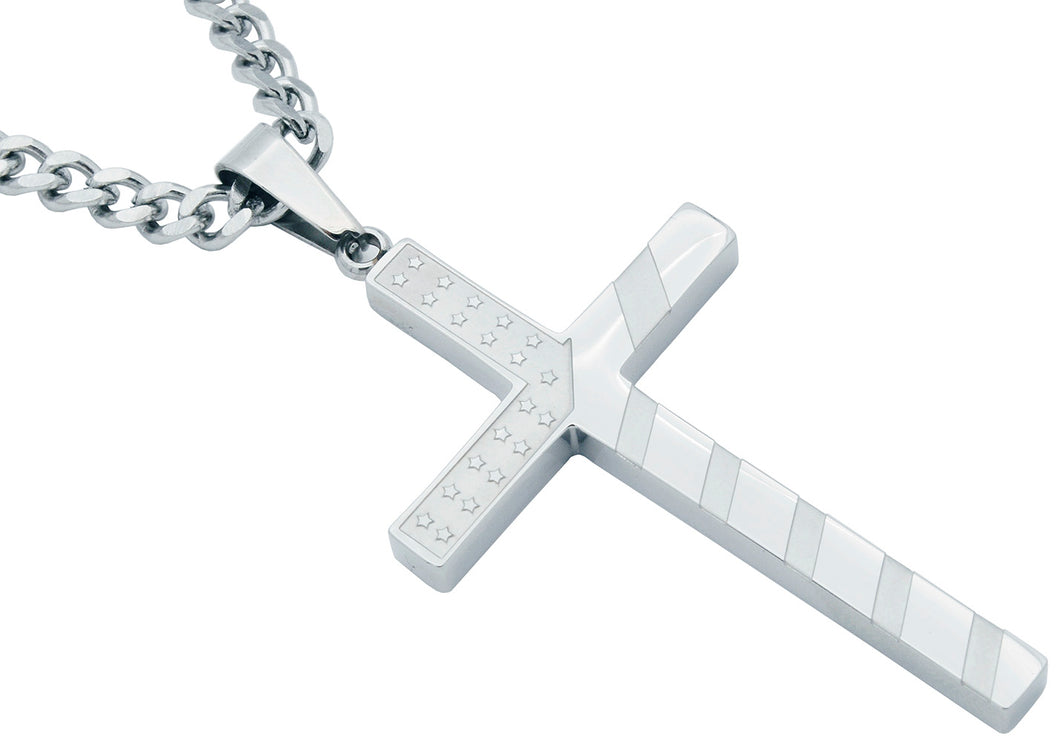 Mens Stainless Steel Stars and Stripes Cross Pendant Necklace With 24