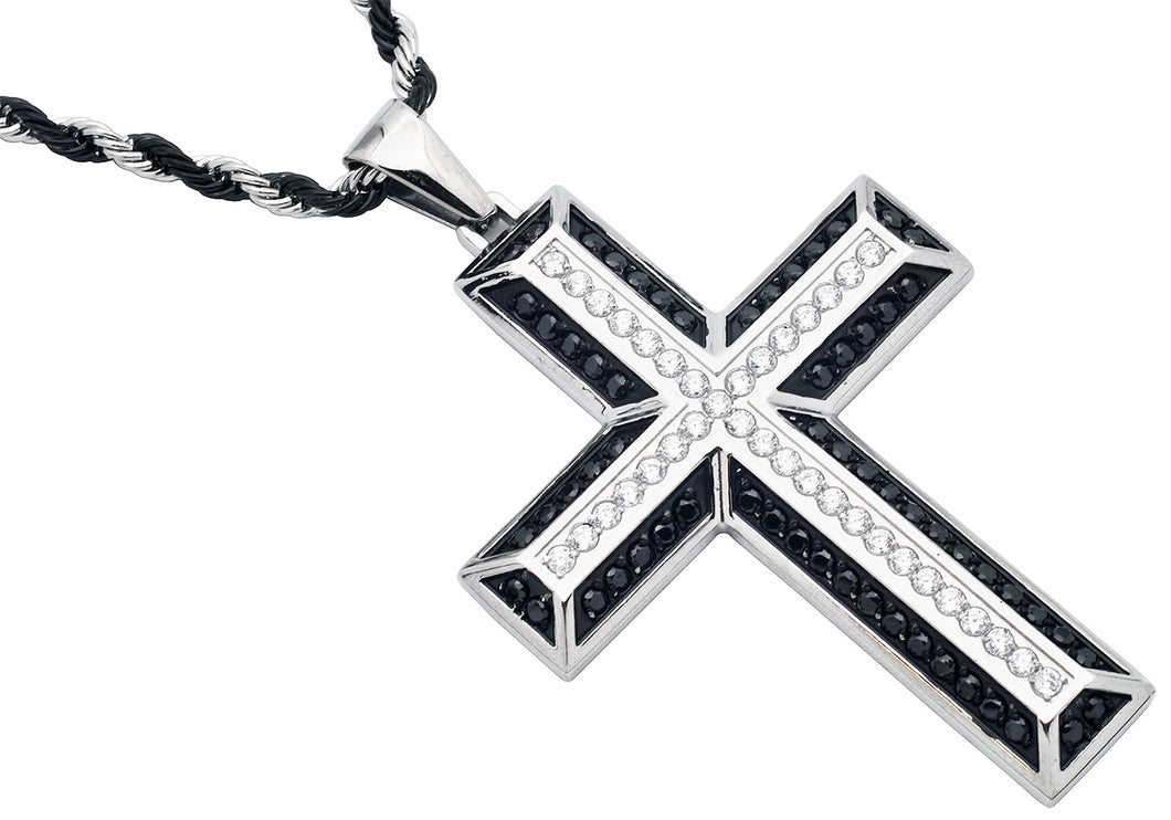 Men's Two-tone Black Plated Stainless Steel Cross Pendant Necklace With Black Cubic Zirconia With 24