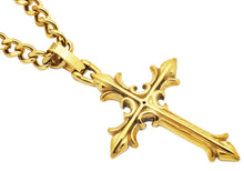 Load image into Gallery viewer, Men's Gold Plated Stainless Steel Cross Pendant Necklace With 24" Curb Chain

