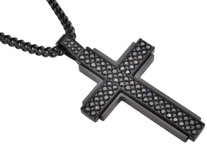 Men's Black Plated Stainless Steel Cross Pendant Necklace With Cubic Zirconia With 24" Franco Chain