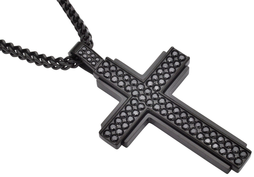 Men's Black Plated Stainless Steel Cross Pendant Necklace With Cubic Zirconia With 24