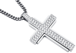 Men's Stainless Steel Cross Pendant Necklace With Cubic Zirconia With 24" Franco Chain