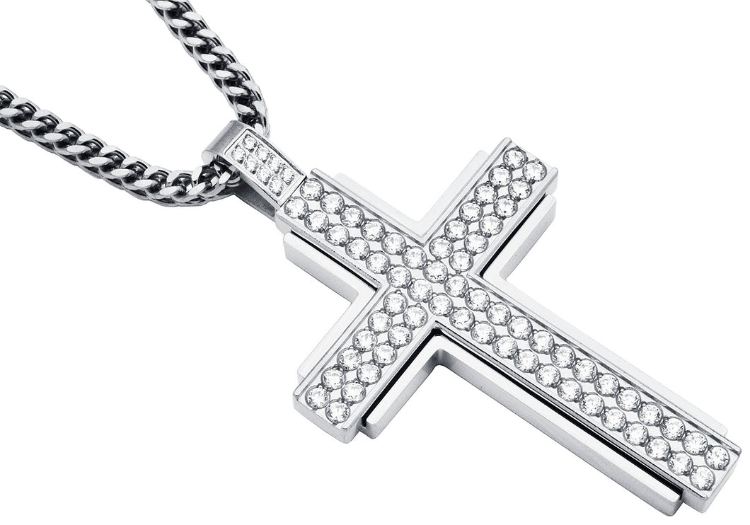 Men's Stainless Steel Cross Pendant Necklace With Cubic Zirconia With 24
