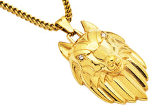 Load image into Gallery viewer, Mens Gold Plated Stainless Steel Wolf Head Pendant With Cubic Zirconia and 24 inch Gold Plated Franco Chain

