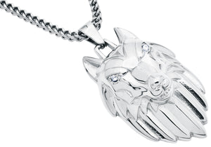 Mens Stainless Steel Wolf Head Pendant With Cubic Zirconia and 24 inch Franco Chain