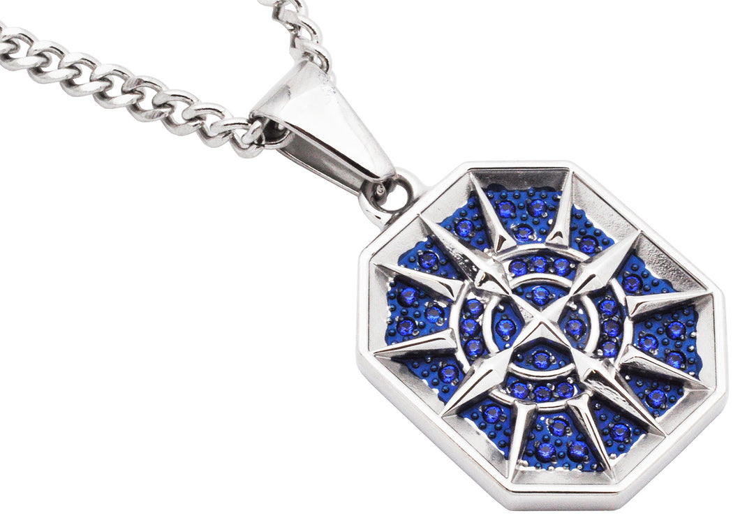 Men's Stainless Steel Compass Pendant With Blue Cubic Zirconia and 24