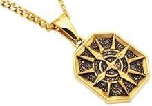 Load image into Gallery viewer, Men&#39;s Gold Plated Stainless Steel Compass Pendant With Black Cubic Zirconia and 24&quot; Gold Plated Curb Chain

