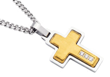 Load image into Gallery viewer, Men's Two-Tone Stainless Steel Cross Pendant Necklace With Cubic Zirconia With 24" Curb Chain
