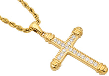 Load image into Gallery viewer, Men's Gold Plated Stainless Steel Cross Pendant Necklace With Cubic Zirconia With 24" Rope Chain
