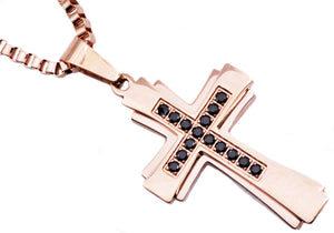 Mens Rose Stainless Steel Cross Pendant With Black Cubic Zirconia