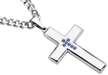 Load image into Gallery viewer, Mens Polished Stainless Steel Cross Pendant Necklace With Blue Cubic Zirconia
