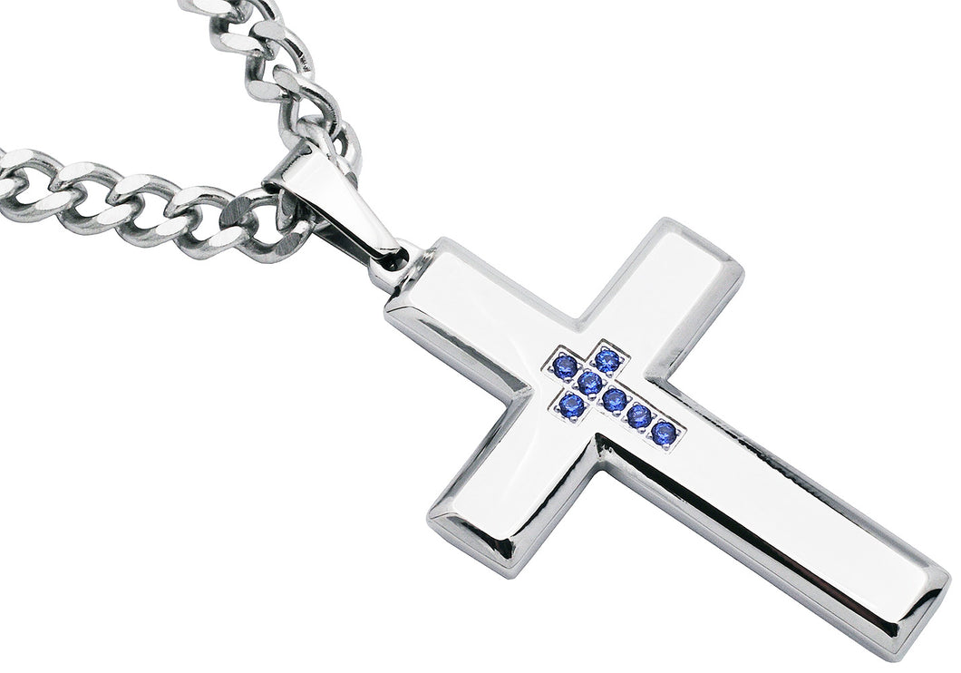Mens Polished Stainless Steel Cross Pendant Necklace With Blue Cubic Zirconia