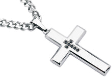 Load image into Gallery viewer, Mens Polished Stainless Steel Cross Pendant Necklace With Black Cubic Zirconia
