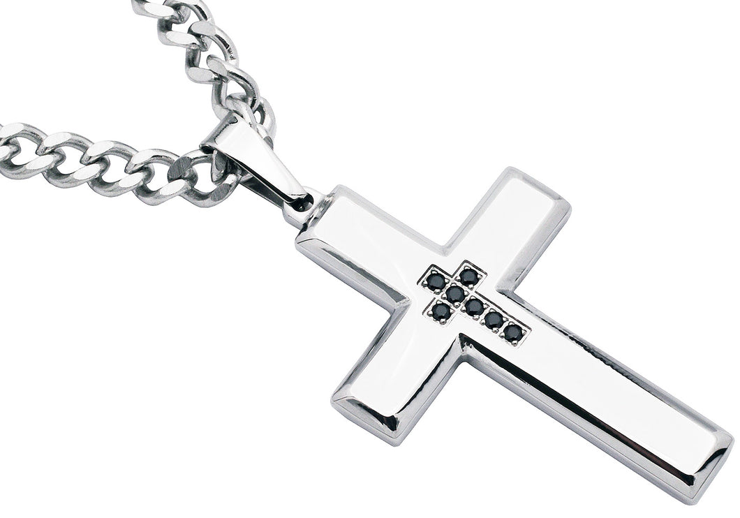 Mens Polished Stainless Steel Cross Pendant Necklace With Black Cubic Zirconia