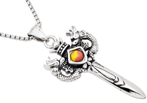 Mens Stainless Steel Sword Pendant With Amber Gemstone