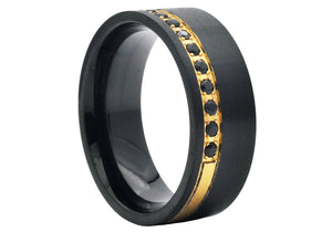 Mens Two-tone Stainless Steel Ring with Black Cubic Zirconia