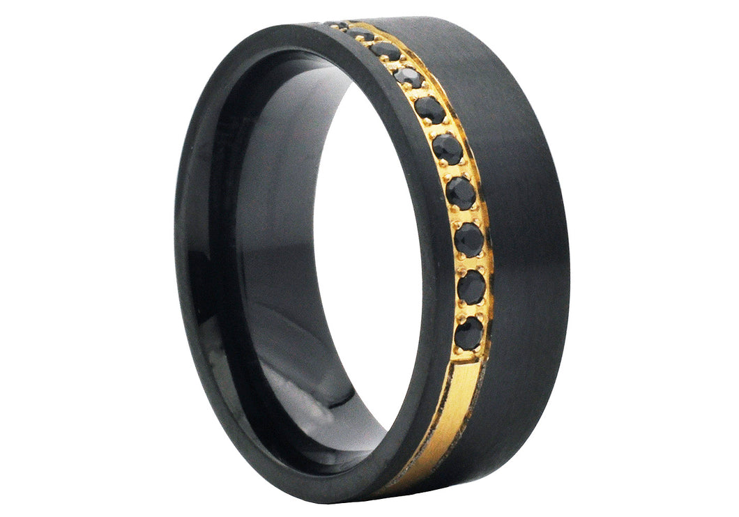 Mens Two-tone Stainless Steel Ring with Black Cubic Zirconia