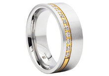 Load image into Gallery viewer, Mens Gold Plated Two-tone Stainless Steel Ring with Cubic Zirconia

